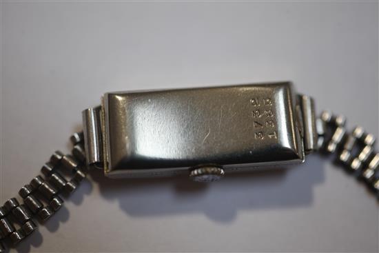 A ladys late 1920s 9ct white gold Rolex manual wind rectangular cased wrist watch,